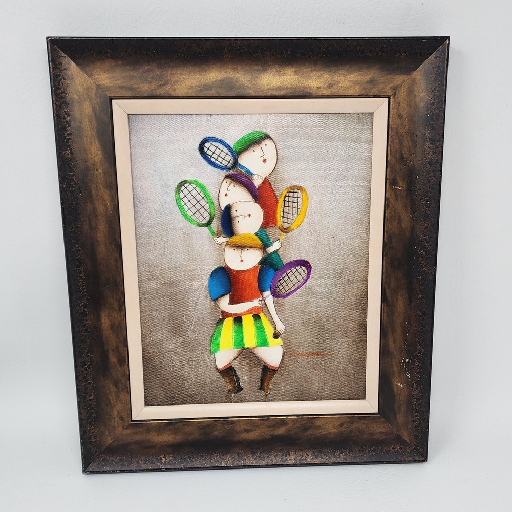 Vtg Framed Joyce Roybal "4 Tennis Players" Oil on Canvas Painting Sports 14"x12"